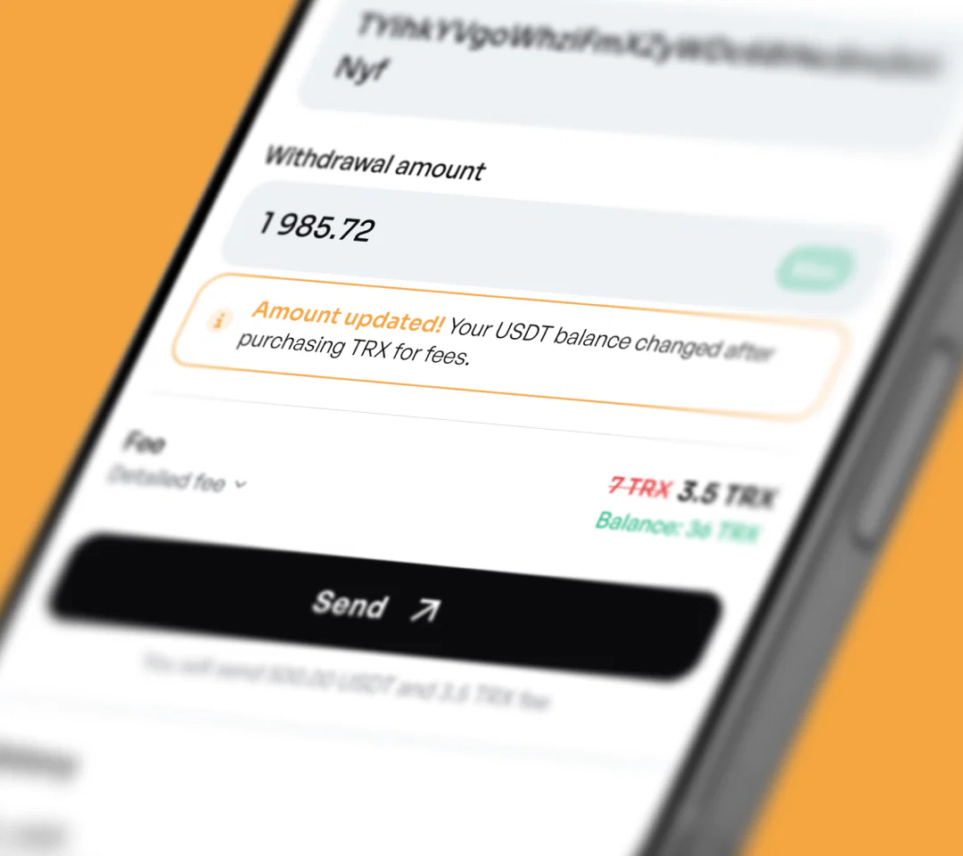 Підтвердження поповнення TRX і оновлена сума переказу.