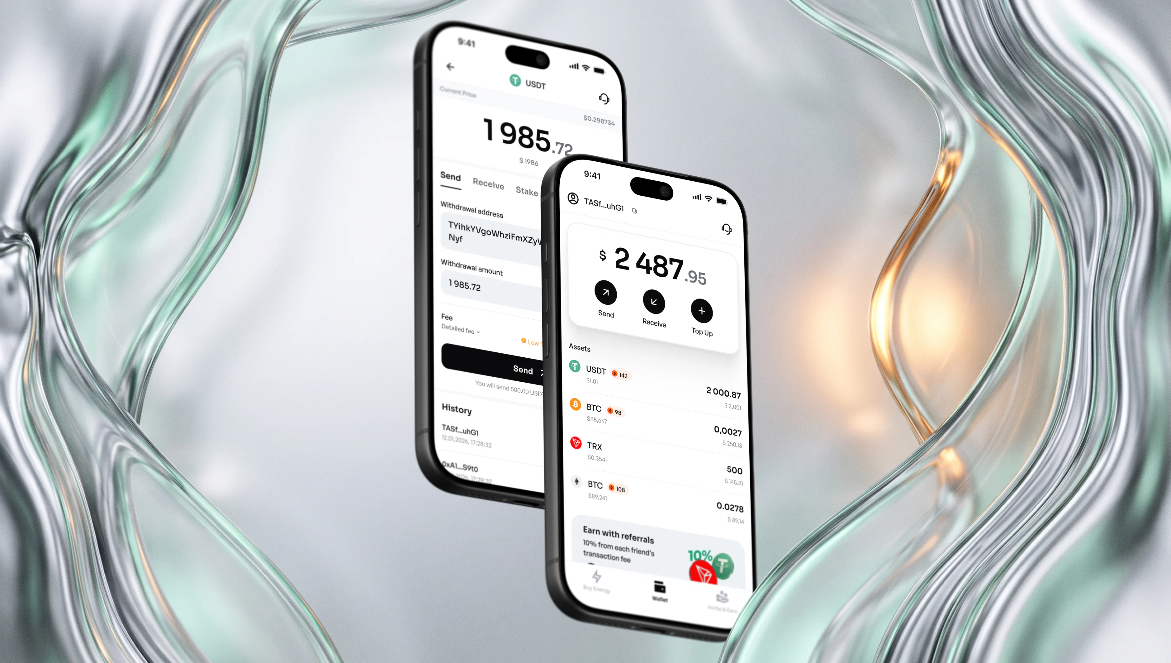 Світлий GasLess Wallet: баланс і відправлення USDT на двох телефонах у сріблястій композиції.